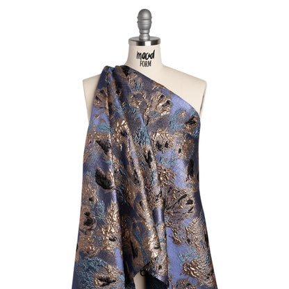Metallic Luxury Brocade - Sky Blue, Gold and Navy Abstract Flora