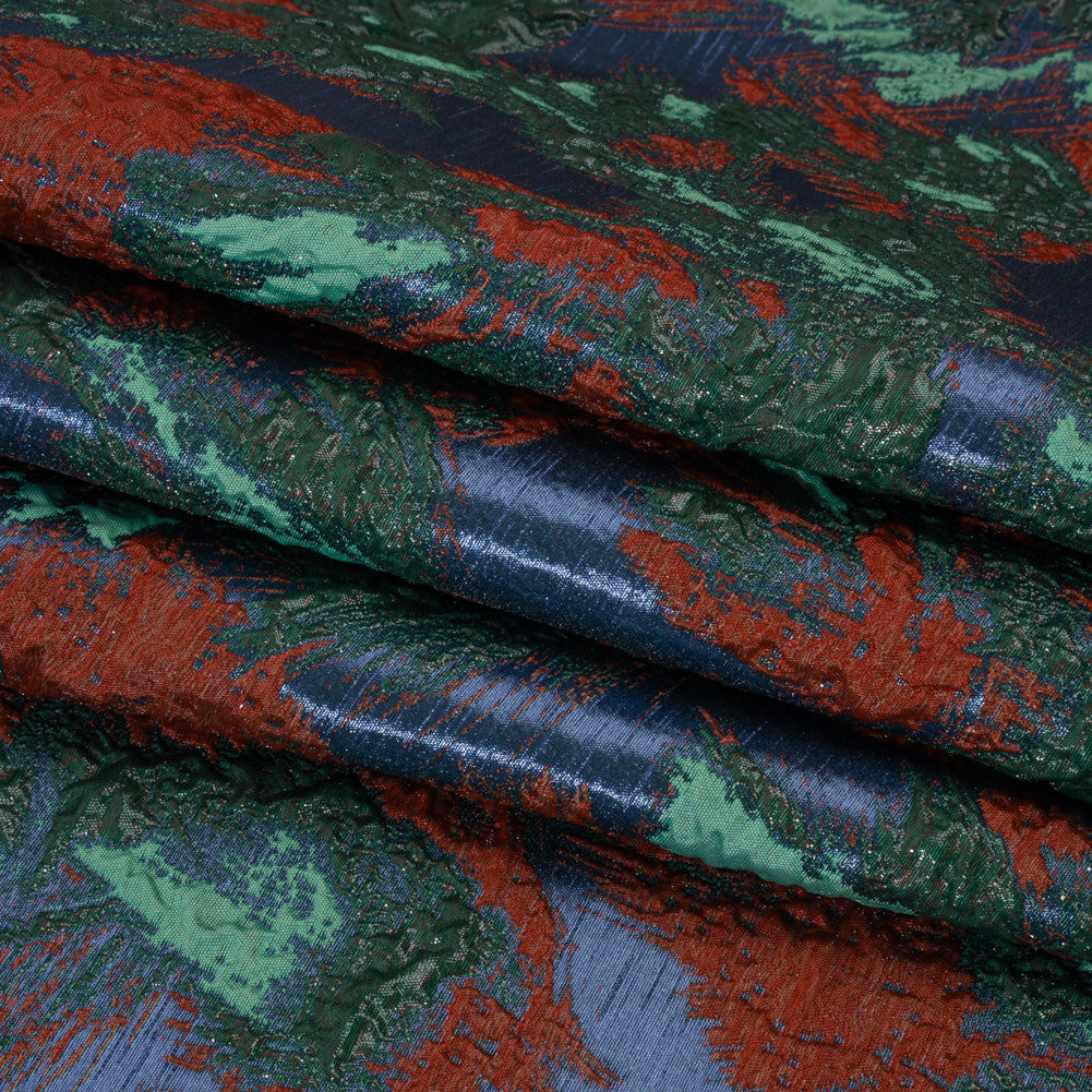 Metallic Luxury Brocade - Red, Green and Dark Blue Abstract Flora