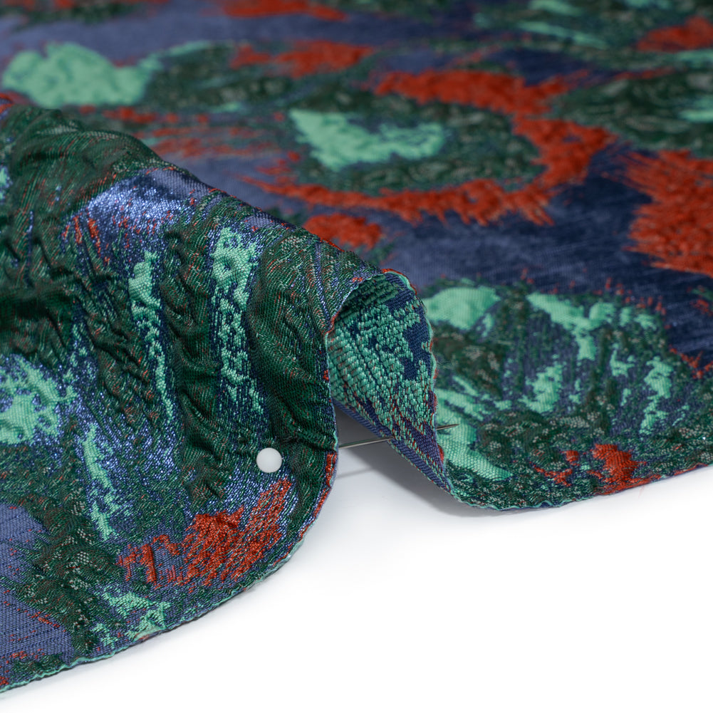Metallic Luxury Brocade - Red, Green and Dark Blue Abstract Flora