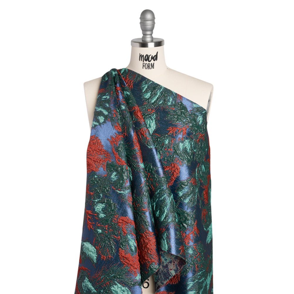 Metallic Luxury Brocade - Red, Green and Dark Blue Abstract Flora