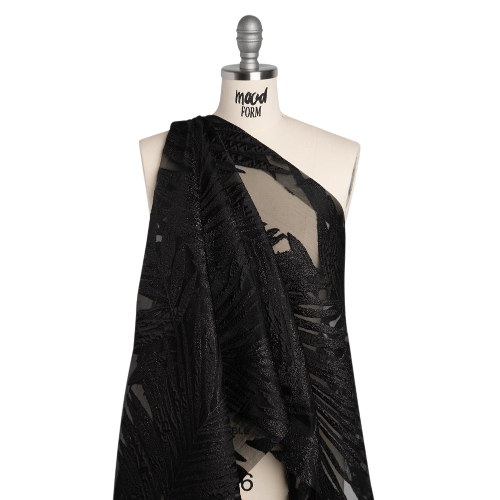 Metallic Luxury Burnout Brocade - Black Fern Leaves