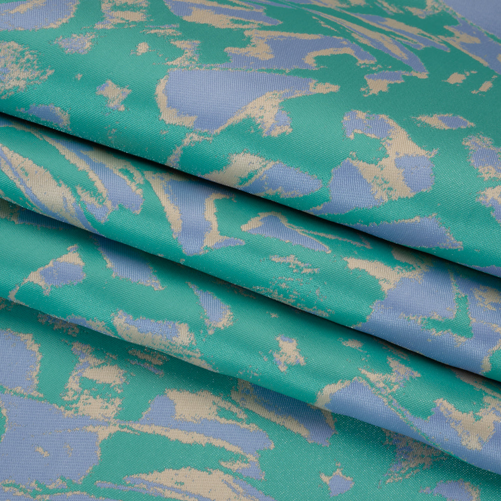 Luxury Polyester Brocade - Sparkling Country Blue, Teal, and Yellow Beige Abstract Markmaking - Folded