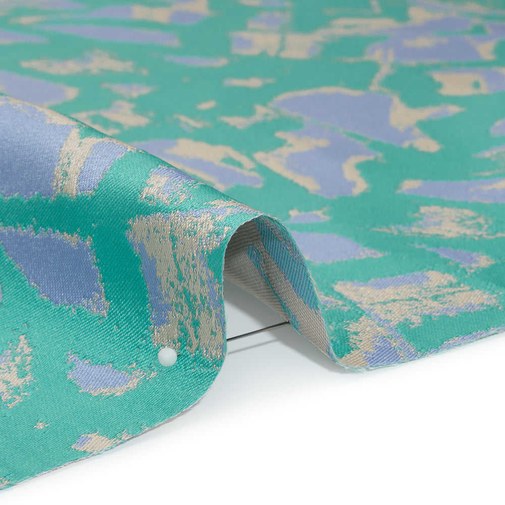 Luxury Polyester Brocade - Sparkling Country Blue, Teal, and Yellow Beige Abstract Markmaking - Detail
