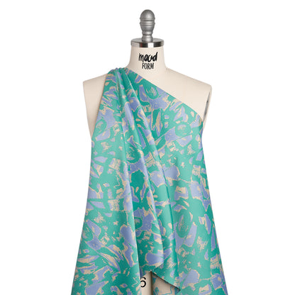 Luxury Polyester Brocade - Sparkling Country Blue, Teal, and Yellow Beige Abstract Markmaking