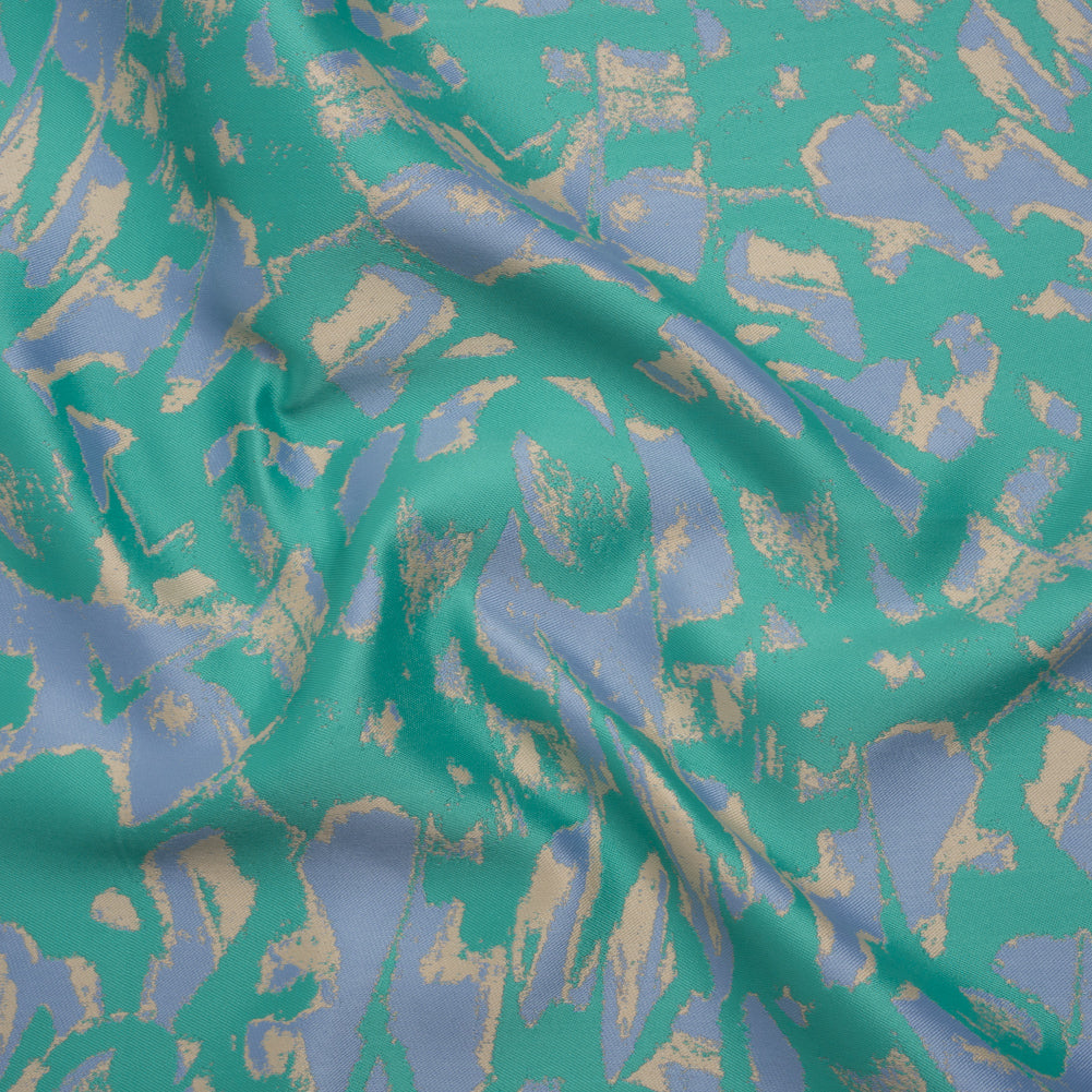 Luxury Polyester Brocade - Sparkling Country Blue, Teal, and Yellow Beige Abstract Markmaking