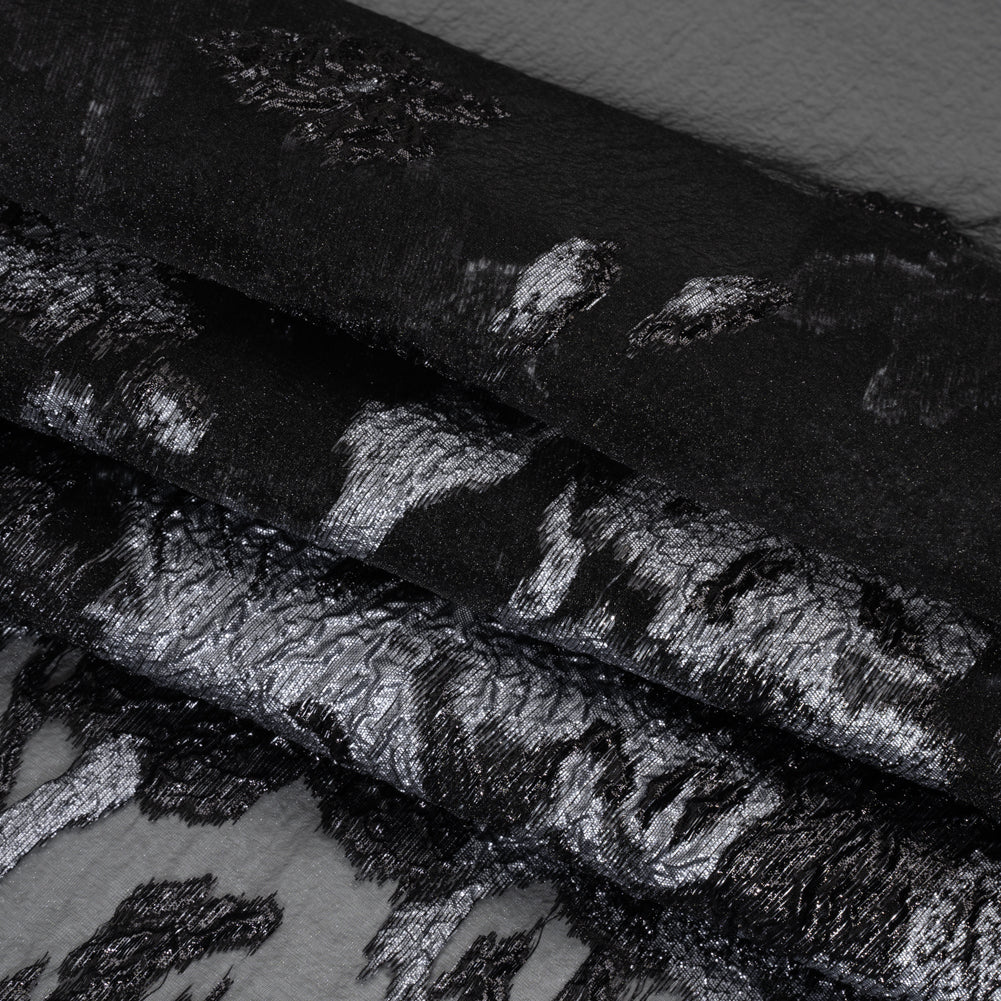 Metallic Luxury Burnout Brocade - Pale Blue and Black Floral Border - Folded