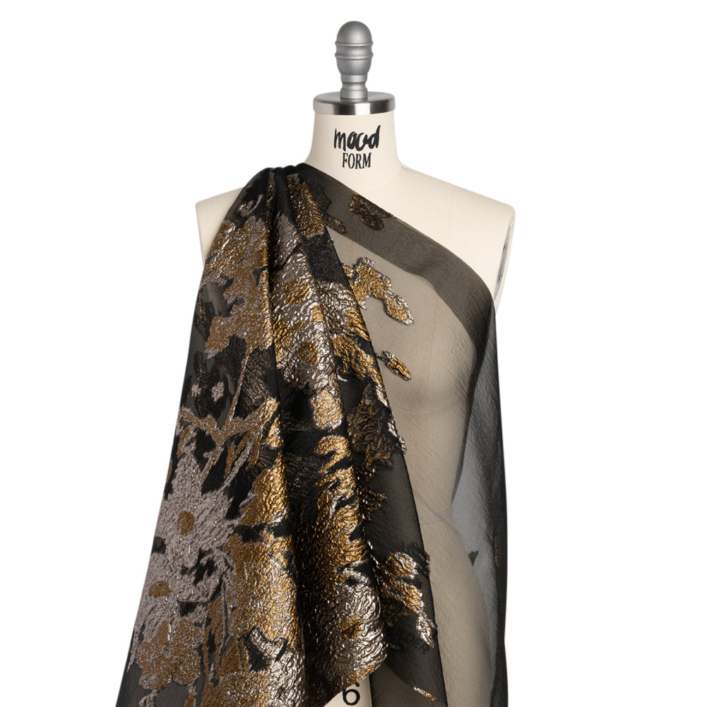 Metallic Luxury Burnout Brocade - Gold, Silver and Black Floral Border
