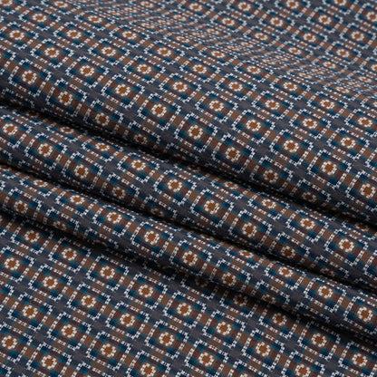 Geometric Cotton Dobby - Blue, Brown and White Rectangle Frames - Deadstock