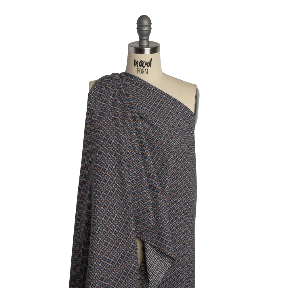 Geometric Cotton Dobby - Blue, Brown and White Rectangle Frames - Deadstock - Drape