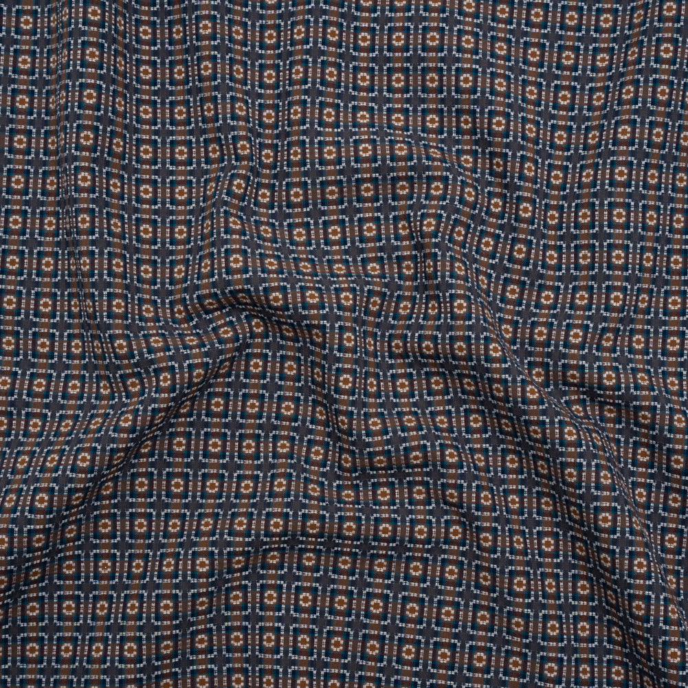 Geometric Cotton Dobby - Blue, Brown and White Rectangle Frames - Deadstock