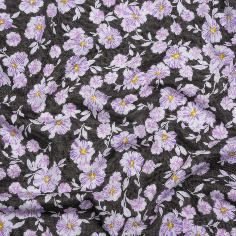Stretch Rayon Jersey Print - Charcoal, Lavender and White Floral - Deadstock