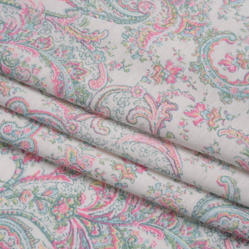 Cotton and Polyester Jersey Print - Ivory, Pastel Green and Pink Delicate Paisley - Deadstock