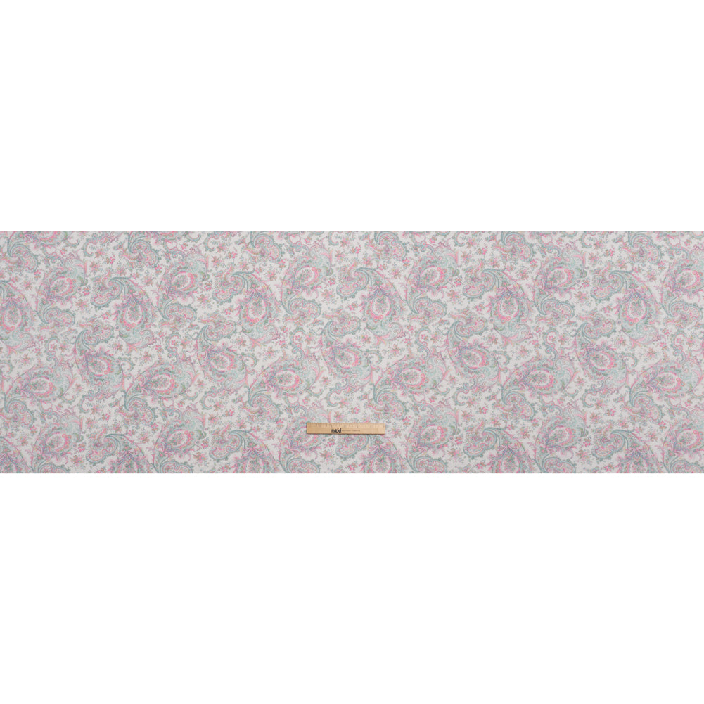 Cotton and Polyester Jersey Print - Ivory, Pastel Green and Pink Delicate Paisley - Deadstock