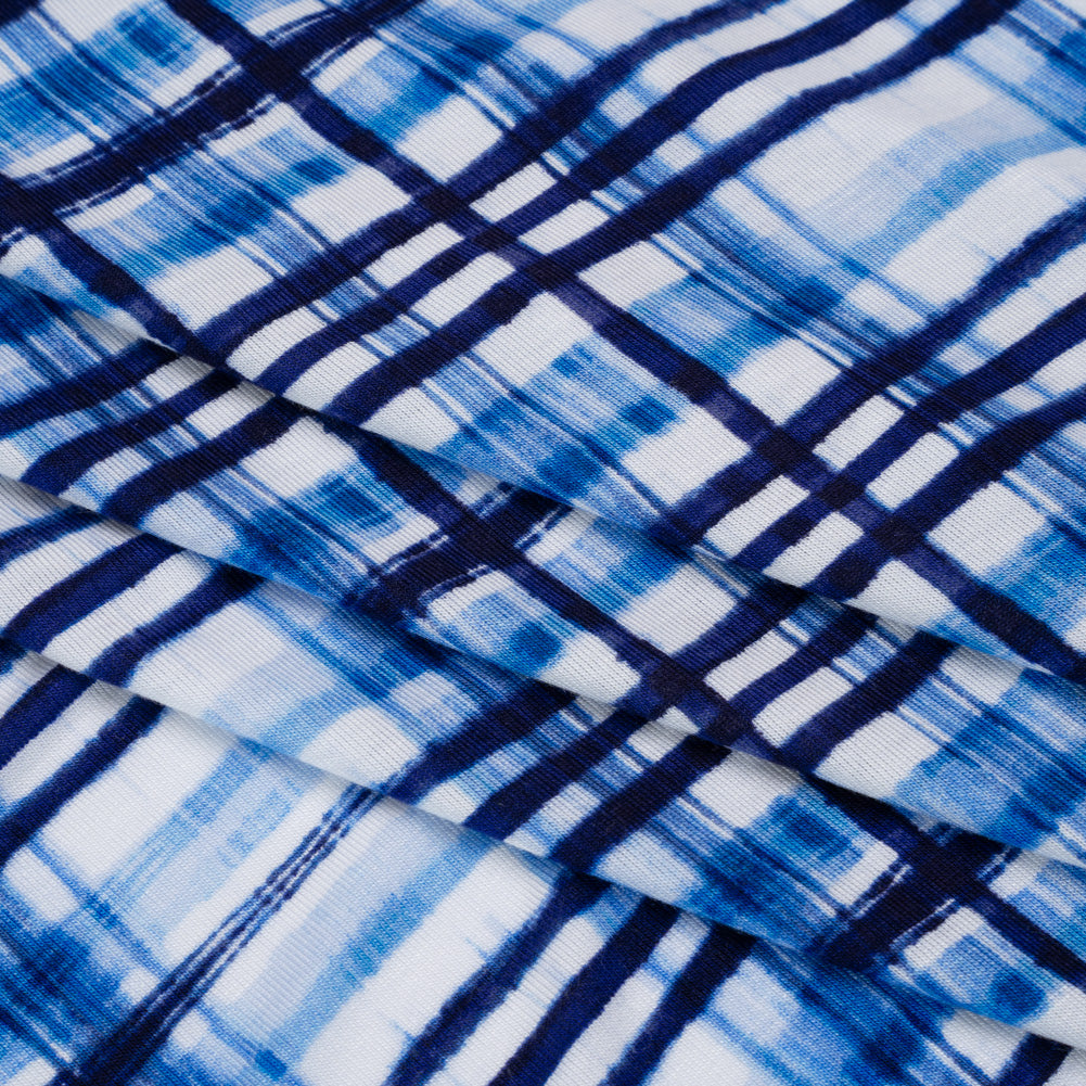 Stretch Rayon Jersey Print - Navy, Blue and White Painterly Plaid - Deadstock - Folded