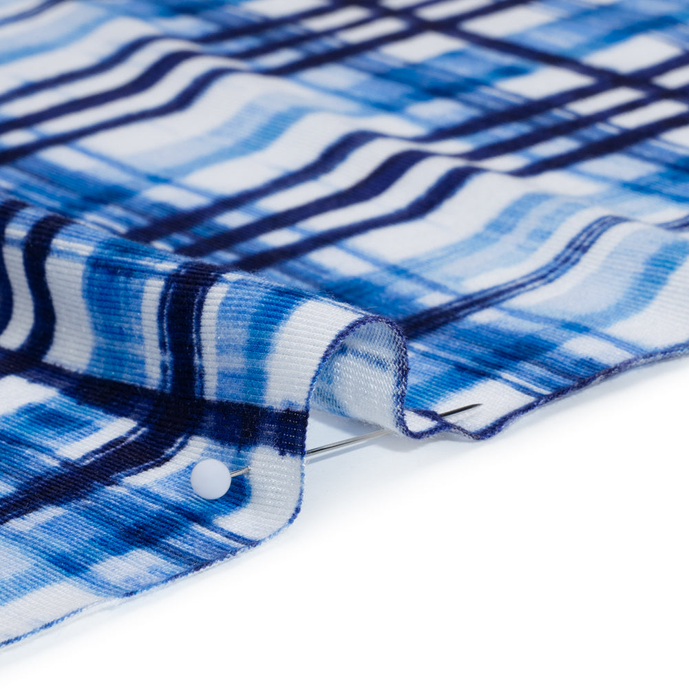 Stretch Rayon Jersey Print - Navy, Blue and White Painterly Plaid - Deadstock - Detail