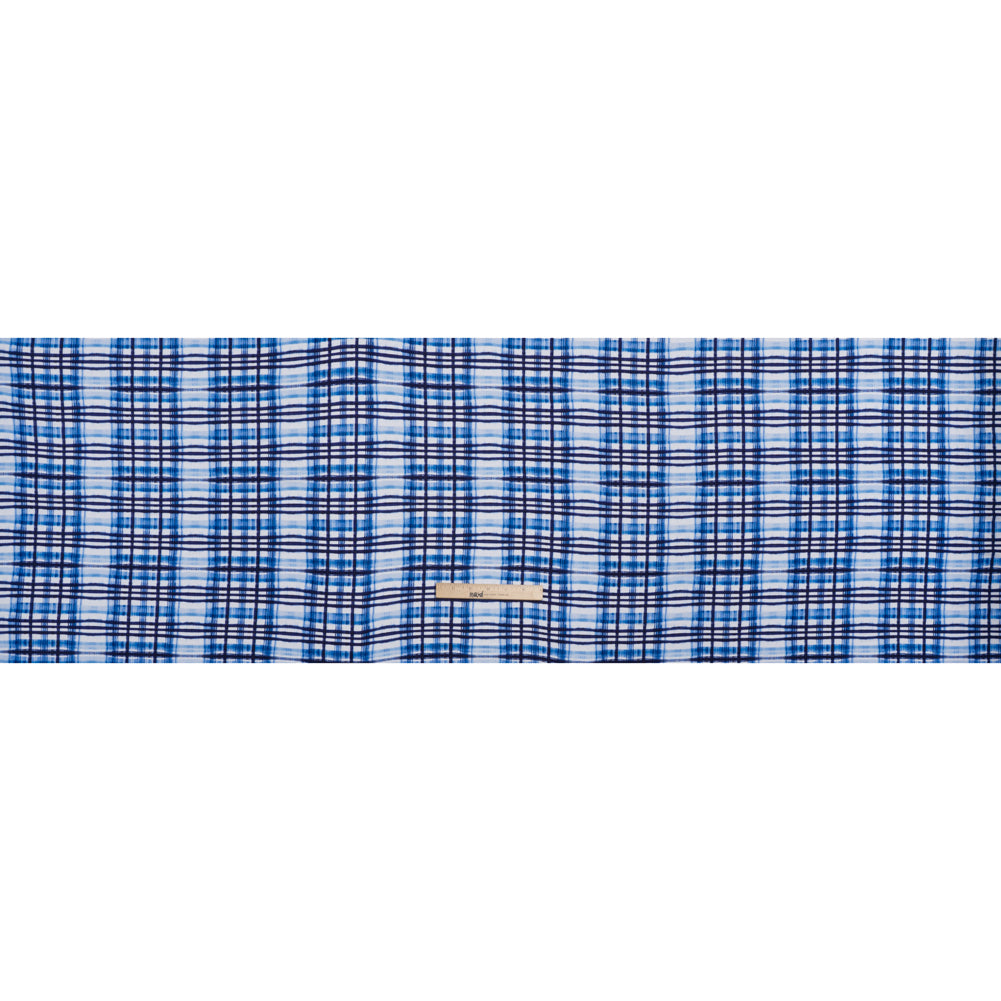 Stretch Rayon Jersey Print - Navy, Blue and White Painterly Plaid - Deadstock - Full
