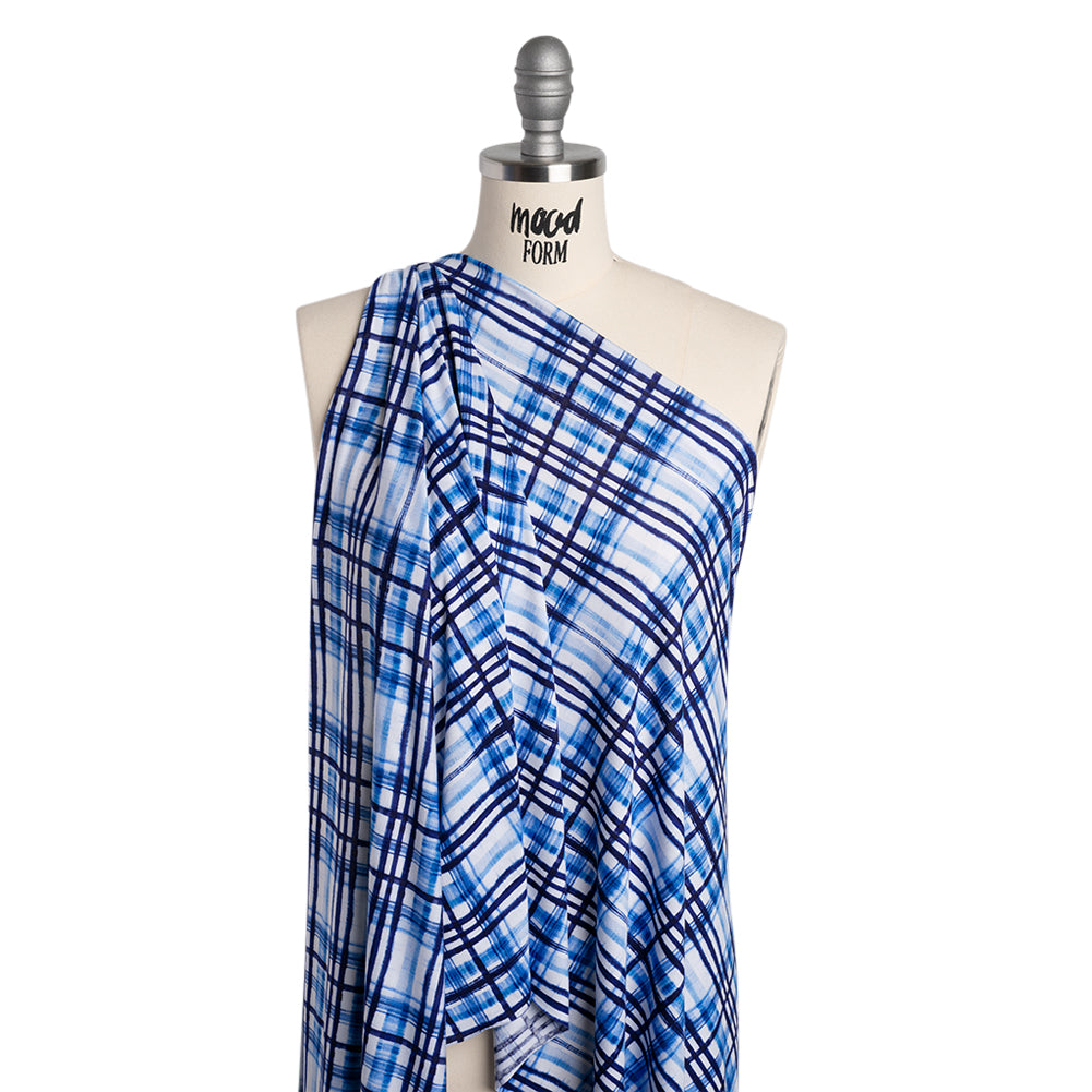 Stretch Rayon Jersey Print - Navy, Blue and White Painterly Plaid - Deadstock - Drape