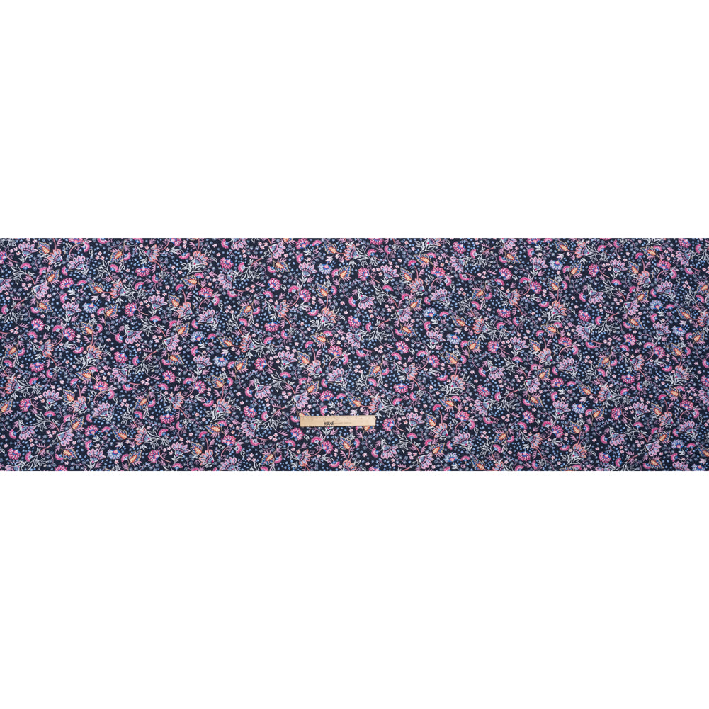 Stretch Rayon Jersey Print - Navy, Pink and White Ornamental Floral - Deadstock