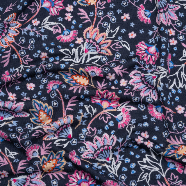 Stretch Rayon Jersey Print - Navy, Pink and White Ornamental Floral - Deadstock