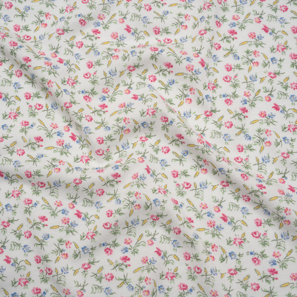 Cotton and Viscose Jersey Print - Red, Blue and Green Little Floral on White - Deadstock
