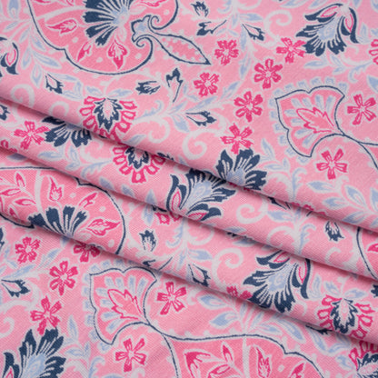 Stretch Rayon Jersey Print - Pink, Sky and Navy Jacobean Floral Damask - Deadstock