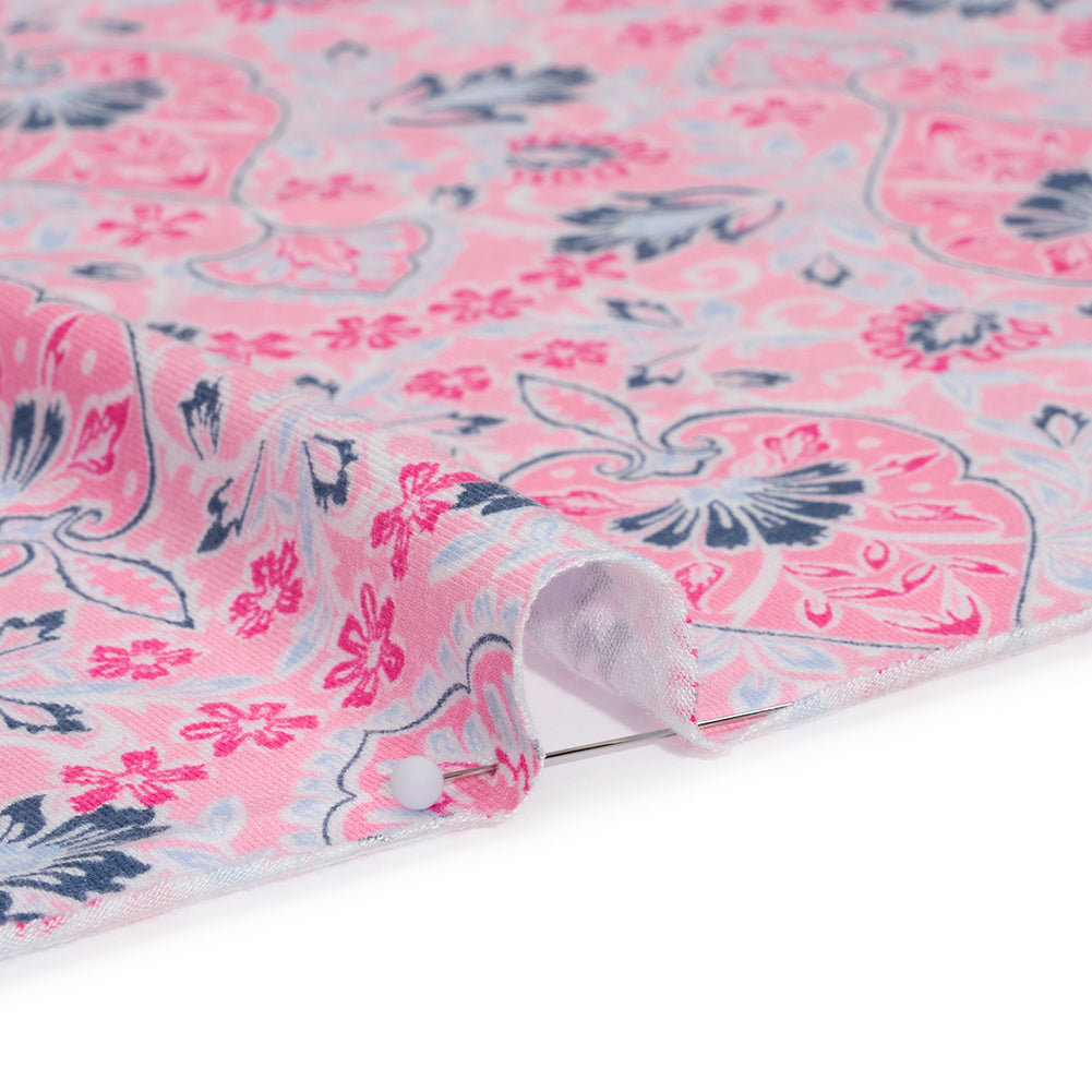 Stretch Rayon Jersey Print - Pink, Sky and Navy Jacobean Floral Damask - Deadstock