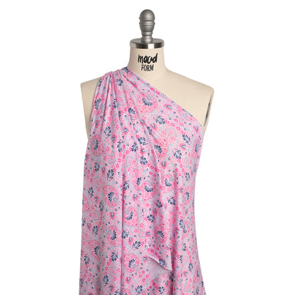 Stretch Rayon Jersey Print - Pink, Sky and Navy Jacobean Floral Damask - Deadstock