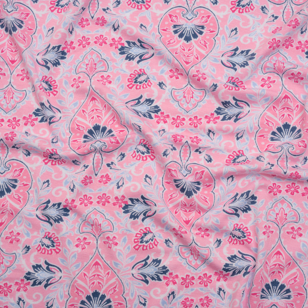 Stretch Rayon Jersey Print - Pink, Sky and Navy Jacobean Floral Damask - Deadstock
