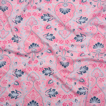 Stretch Rayon Jersey Print - Pink, Sky and Navy Jacobean Floral Damask - Deadstock