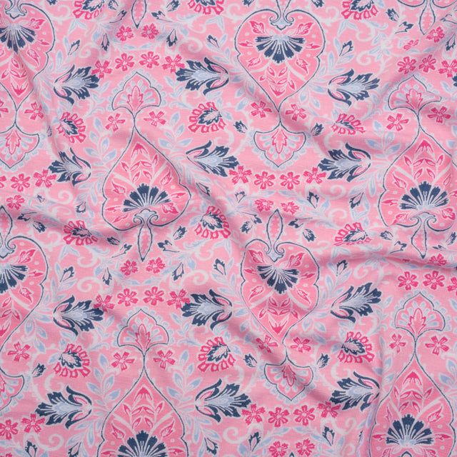 Stretch Rayon Jersey Print - Pink, Sky and Navy Jacobean Floral Damask - Deadstock