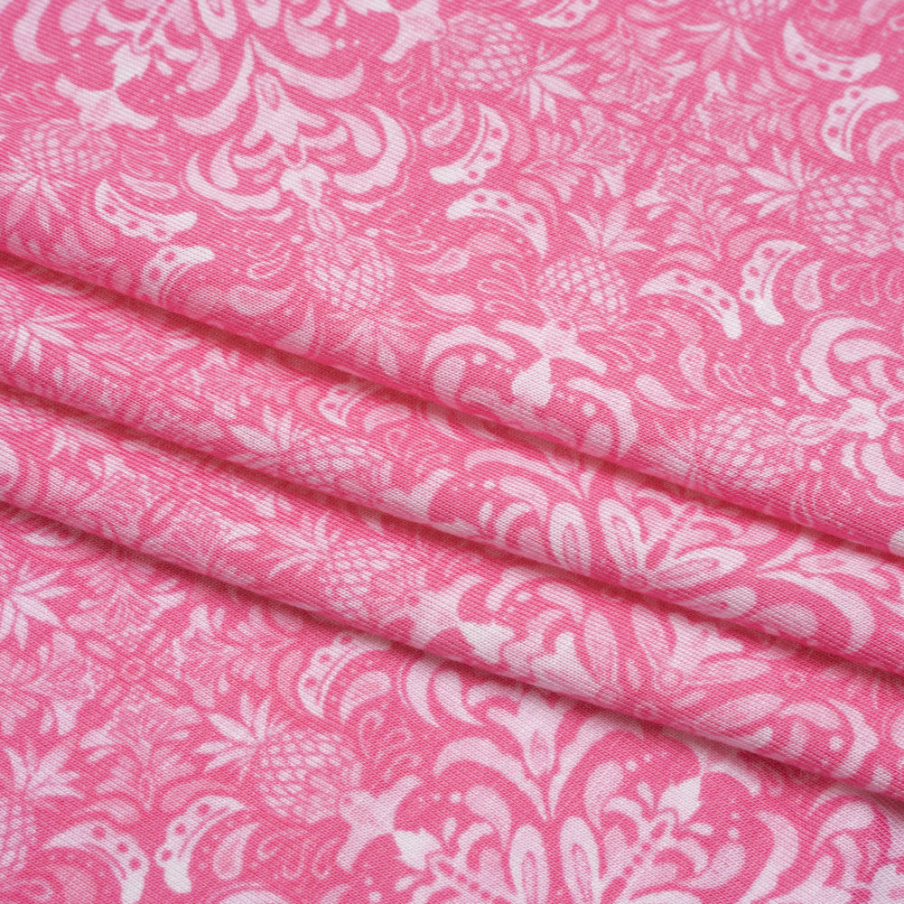0.5 Yard of Stretch Rayon Jersey - Pink Pineapple Mandalas - Deadstock
