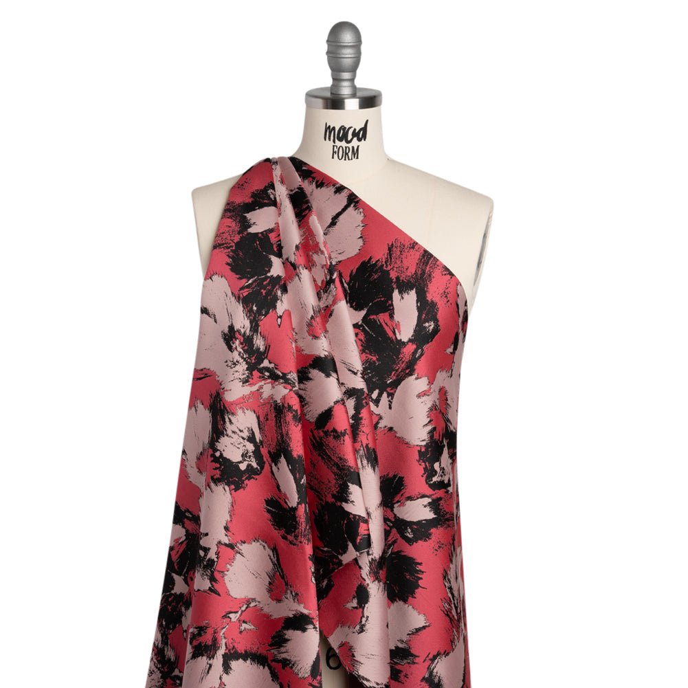 Luxury Polyester Brocade - Pale Pink, Coral and Black Abstract Brushstrokes