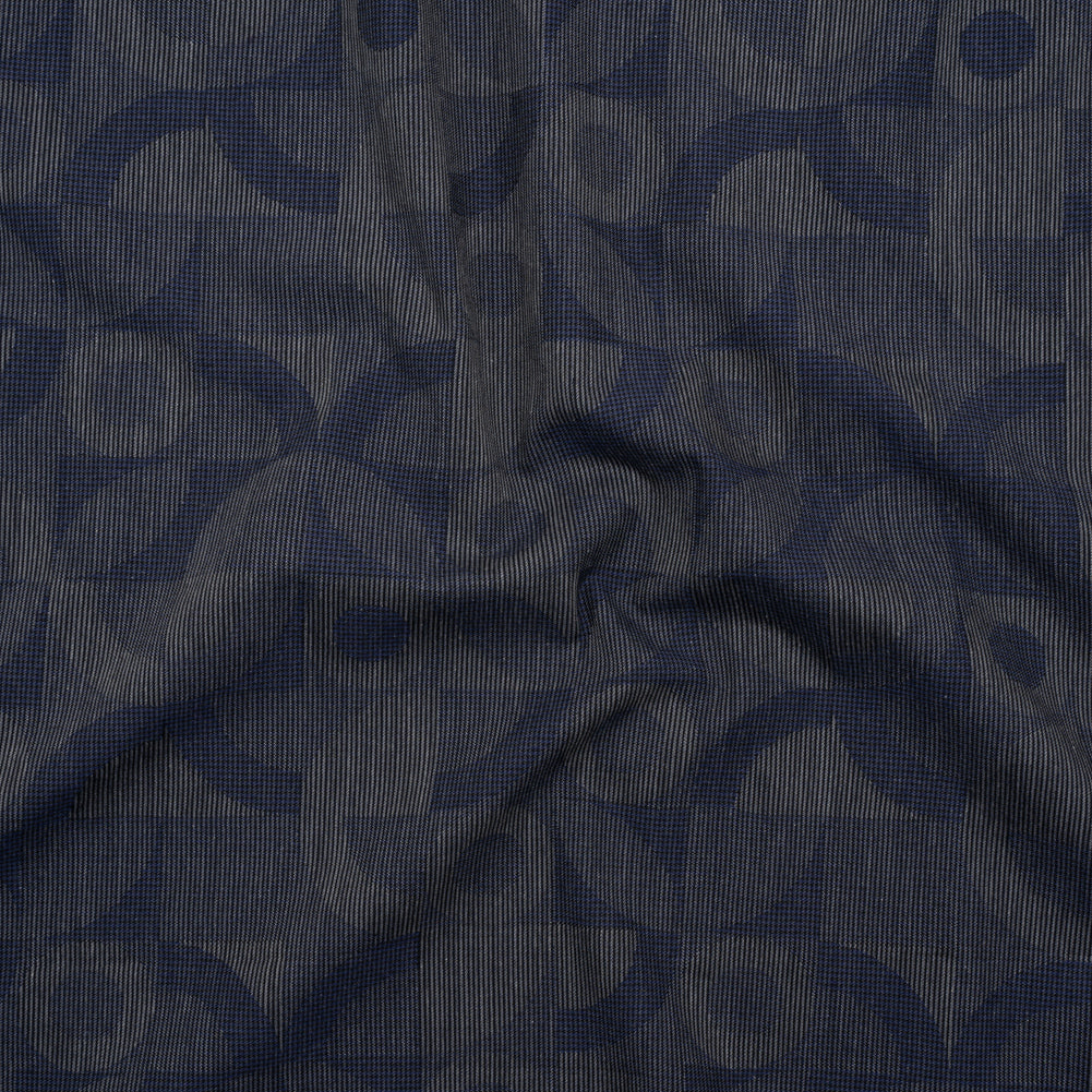 Cotton Dobby Shirting - Navy Blue and Gray Circles in Squares - Deadstock