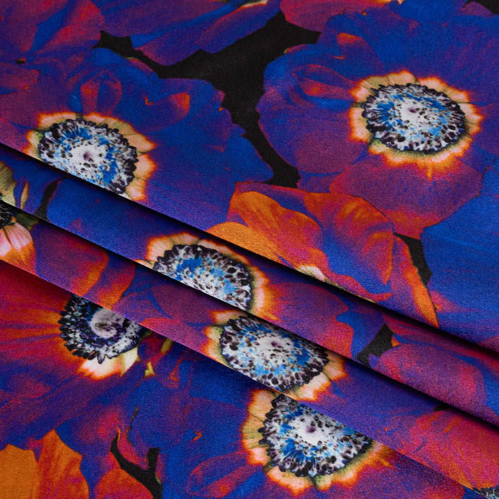 Silk Charmeuse 19mm - Ultraviolet Blue, Orange and Black Glowing Flowers - Folded