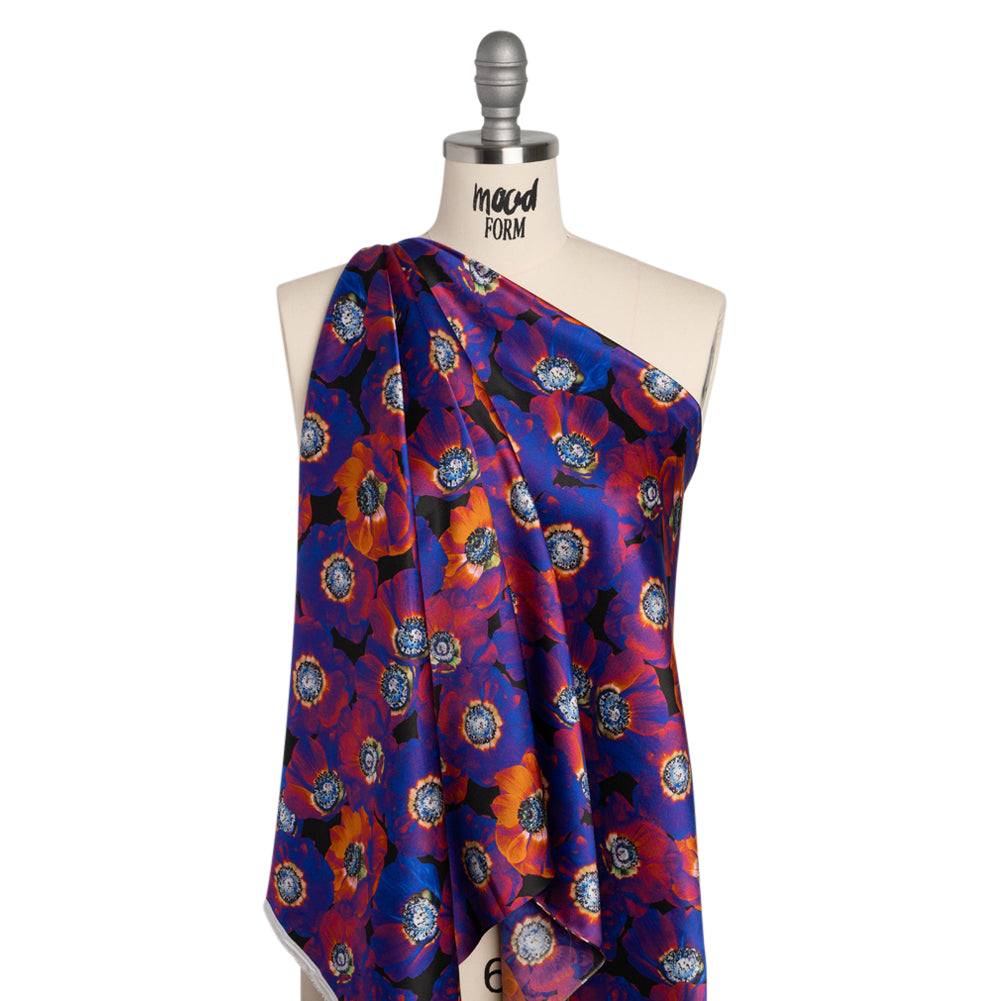 Silk Charmeuse 19mm - Ultraviolet Blue, Orange and Black Glowing Flowers - Drape