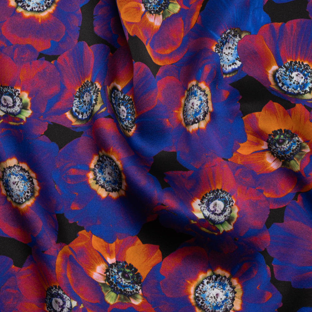 Silk Charmeuse 19mm - Ultraviolet Blue, Orange and Black Glowing Flowe