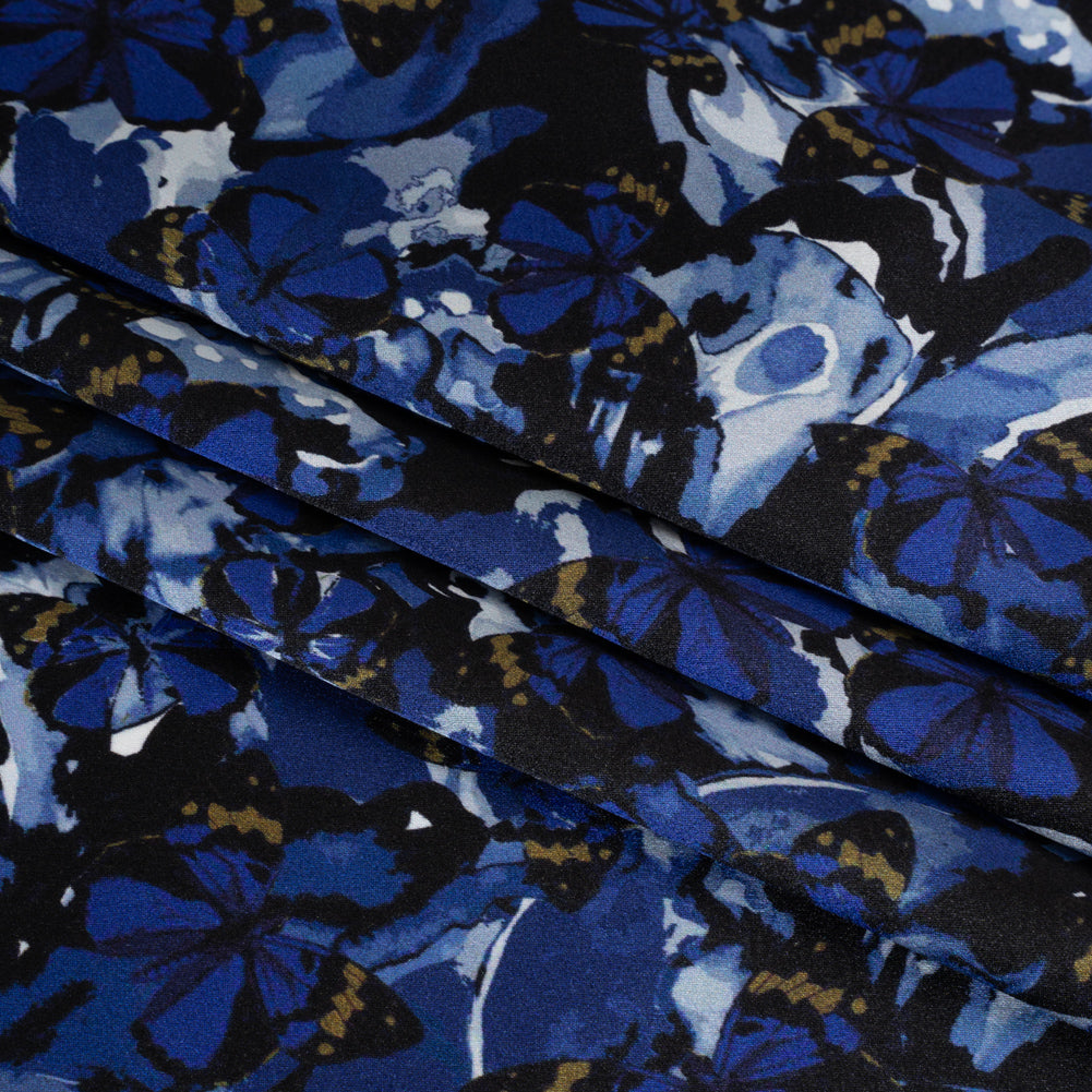 Silk Charmeuse 19mm - Navy Blue, Black and Gold Little Butterflies and Flowers