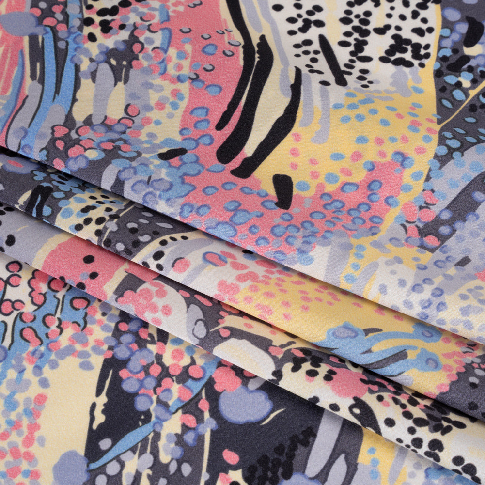Silk Charmeuse Print - Pink, Butter Yellow and Sky Blue Flowing Streaks and Spots - Made in Italy