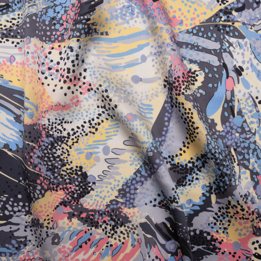 Silk Charmeuse Print - Pink, Butter Yellow and Sky Blue Flowing Streaks and Spots - Made in Italy