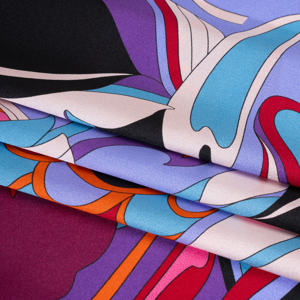 Silk Charmeuse Print - Periwinkle, Orange and Fuchsia Retro Floral Swirl - Made in Italy