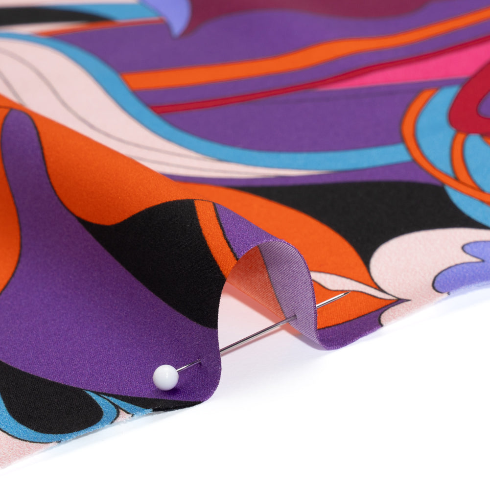 Silk Charmeuse Print - Periwinkle, Orange and Fuchsia Retro Floral Swirl - Made in Italy