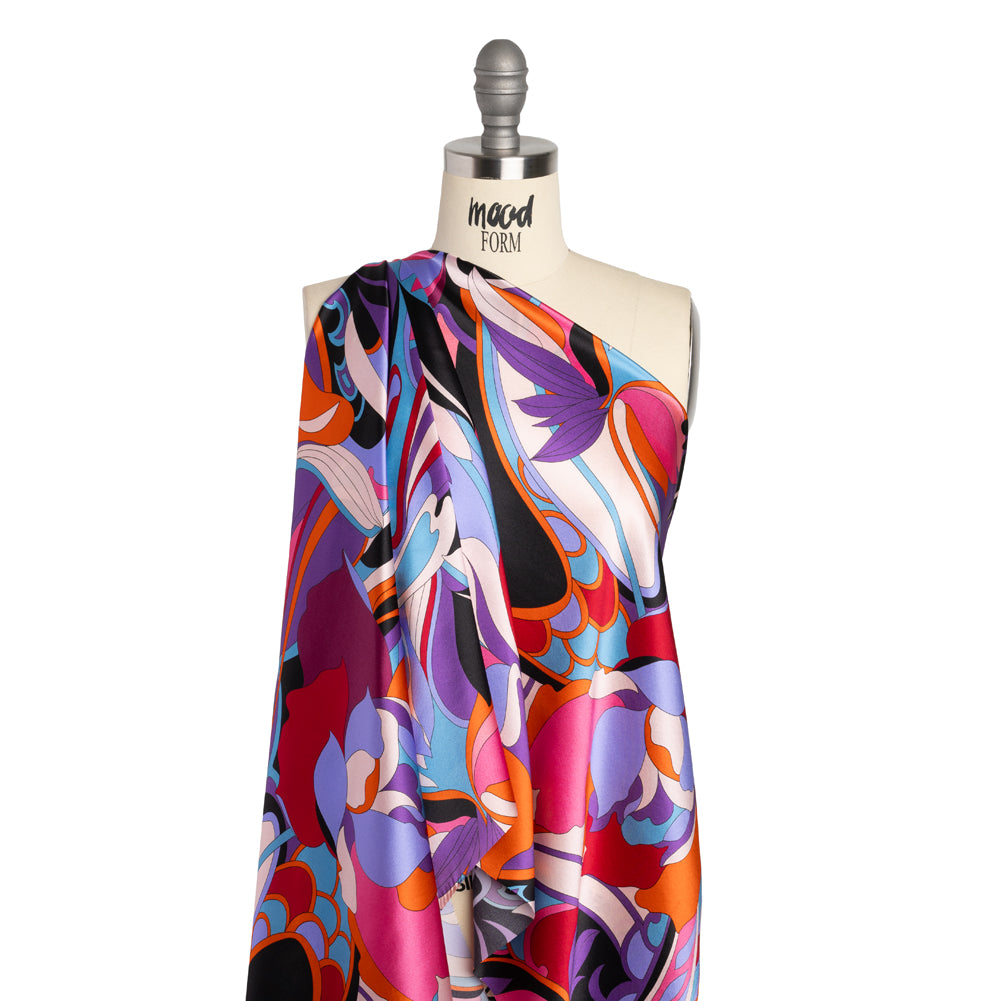 Silk Charmeuse Print - Periwinkle, Orange and Fuchsia Retro Floral Swirl - Made in Italy