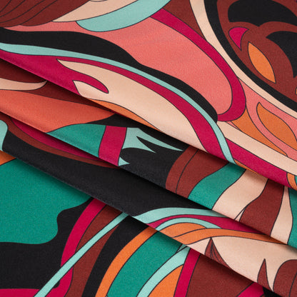 Silk Charmeuse Print - Brown, Teal and Magenta Retro Floral Swirl - Made in Italy