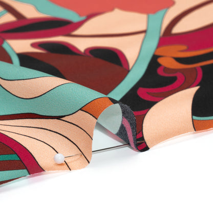 Silk Charmeuse Print - Brown, Teal and Magenta Retro Floral Swirl - Made in Italy