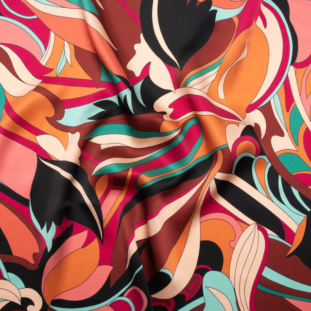 Silk Charmeuse Print - Brown, Teal and Magenta Retro Floral Swirl - Made in Italy