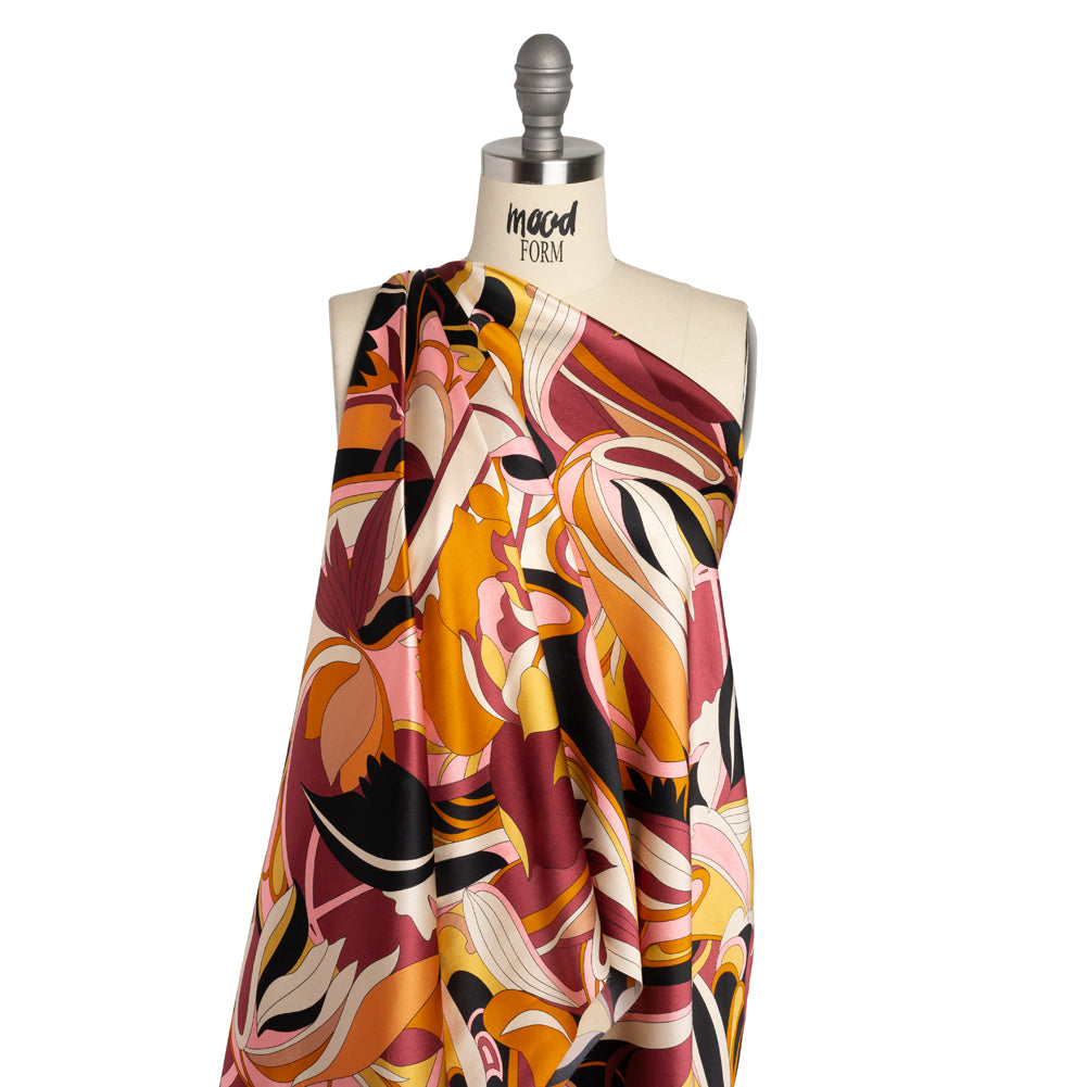 Silk Charmeuse Print - Russet Brown, Orange and Peach Retro Floral Swirl - Made in Italy
