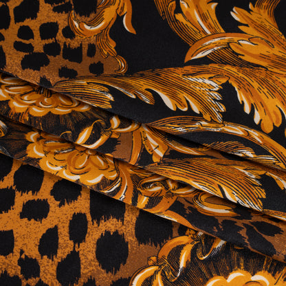 Silk Charmeuse Print - Black and Gold Floral Ornaments and Animal Spots - Made in Italy