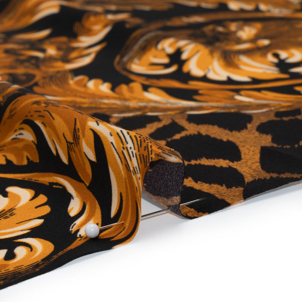 Silk Charmeuse Print - Black and Gold Floral Ornaments and Animal Spots - Made in Italy