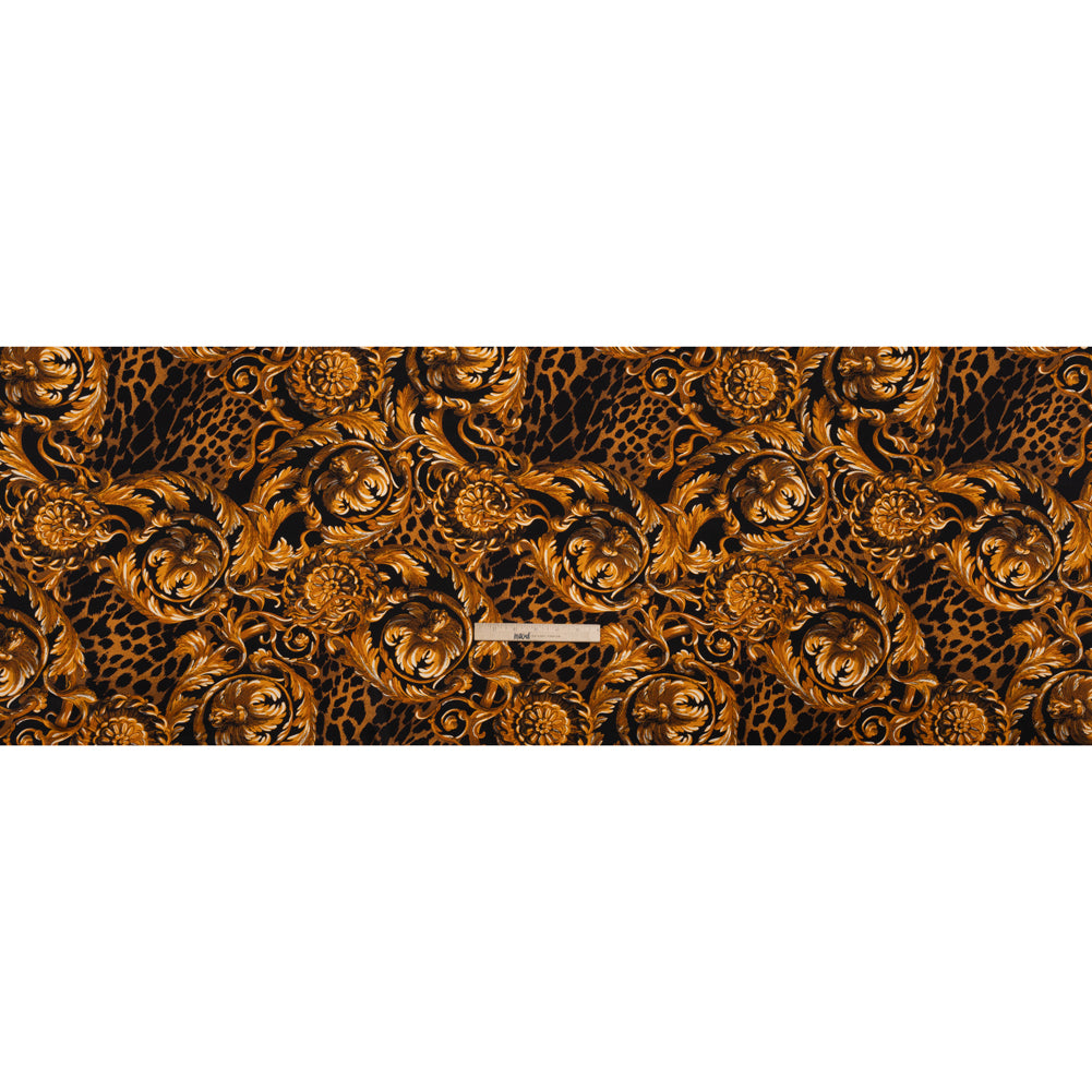 Silk Charmeuse Print - Black and Gold Floral Ornaments and Animal Spots - Made in Italy