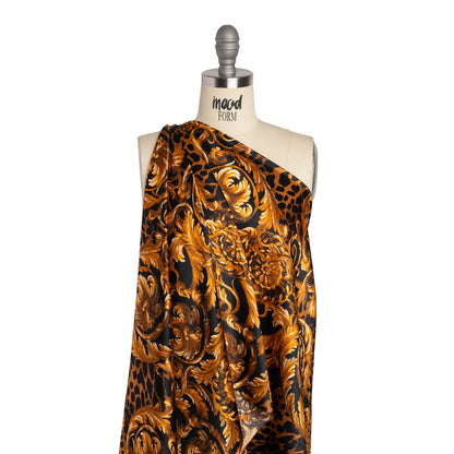 Silk Charmeuse Print - Black and Gold Floral Ornaments and Animal Spots - Made in Italy